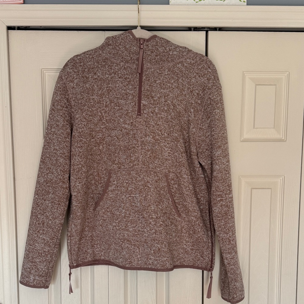 Pink hooded fleece quarter-zip sweater